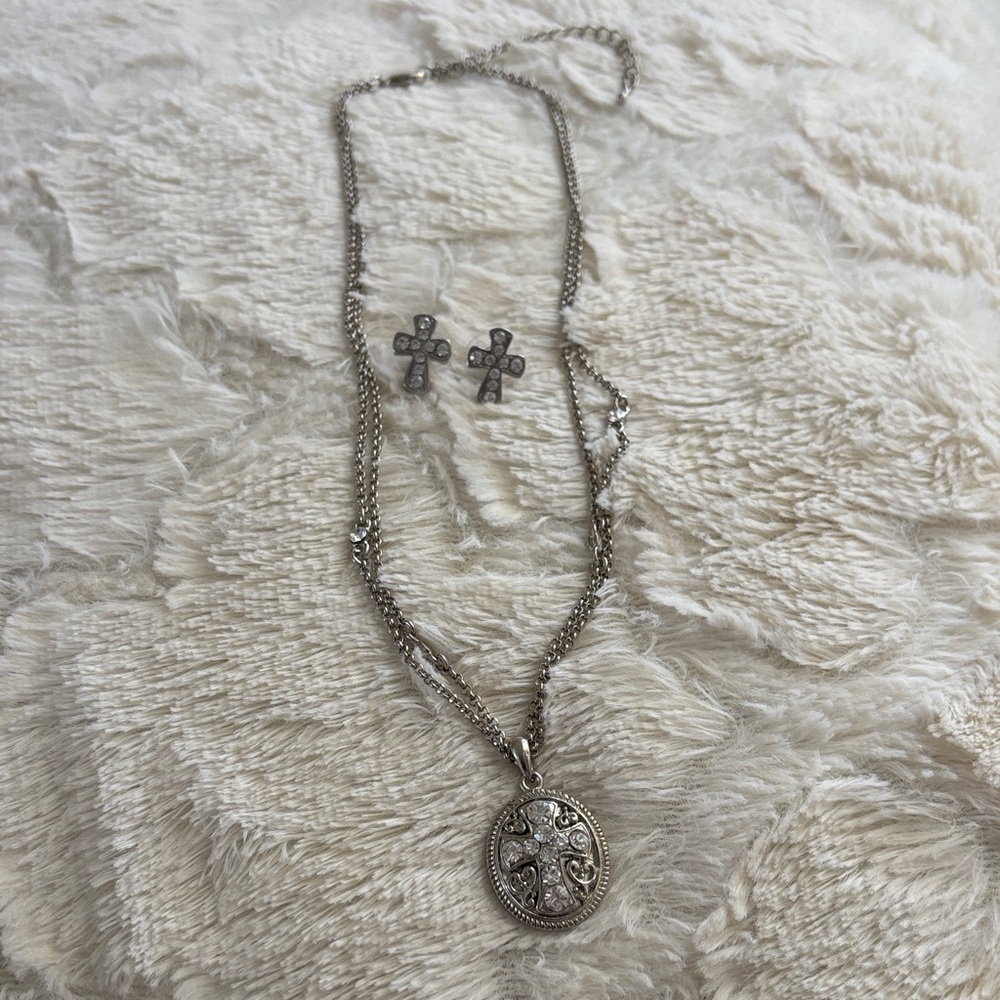 Silver Cross Pendant Necklace and Earring Set